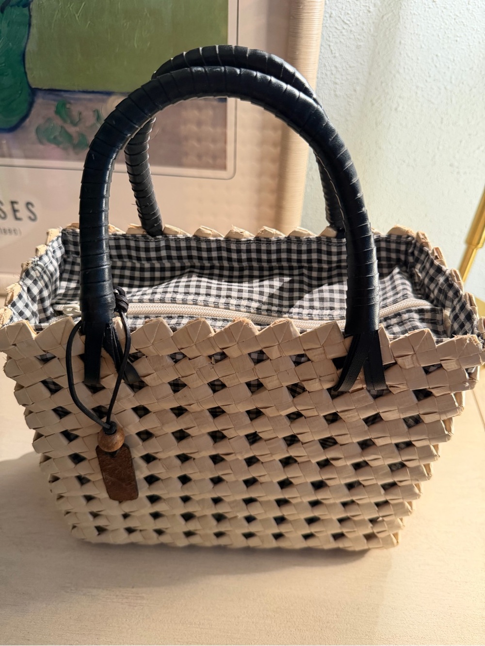 Esprit Beige Woven Tote with Black Wrapped Handles
